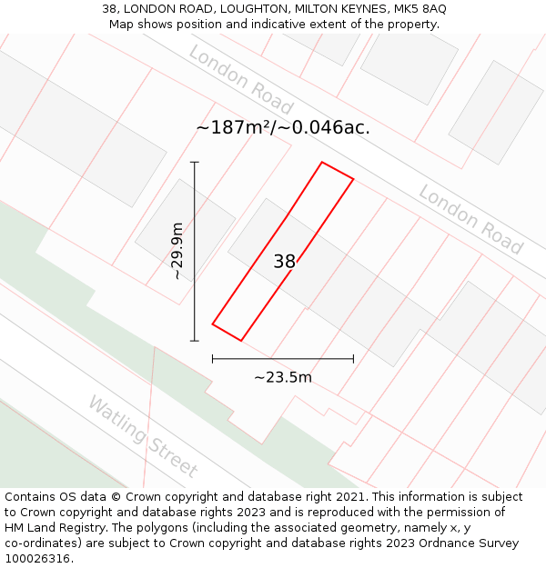 38, LONDON ROAD, LOUGHTON, MILTON KEYNES, MK5 8AQ: Plot and title map