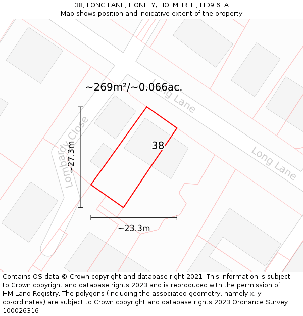 38, LONG LANE, HONLEY, HOLMFIRTH, HD9 6EA: Plot and title map