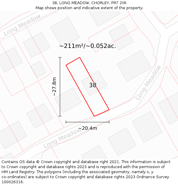 38, LONG MEADOW, CHORLEY, PR7 2YA: Plot and title map