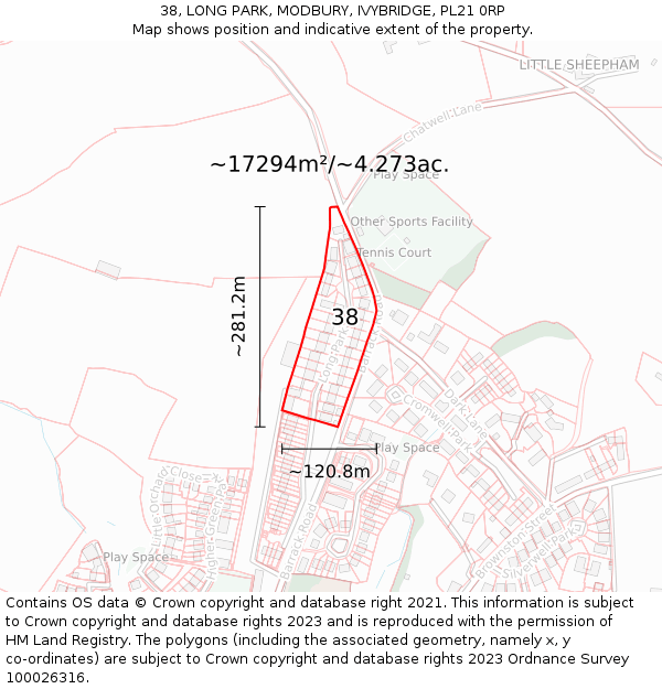 38, LONG PARK, MODBURY, IVYBRIDGE, PL21 0RP: Plot and title map