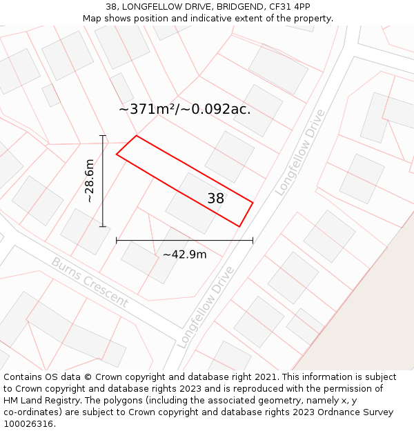 38, LONGFELLOW DRIVE, BRIDGEND, CF31 4PP: Plot and title map