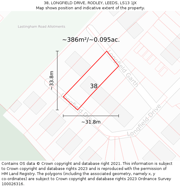 38, LONGFIELD DRIVE, RODLEY, LEEDS, LS13 1JX: Plot and title map