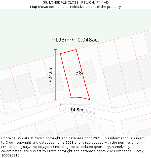 38, LONSDALE CLOSE, IPSWICH, IP4 4HD: Plot and title map