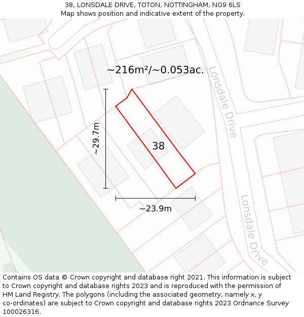 38, LONSDALE DRIVE, TOTON, NOTTINGHAM, NG9 6LS: Plot and title map