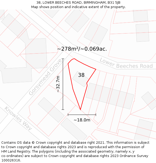 38, LOWER BEECHES ROAD, BIRMINGHAM, B31 5JB: Plot and title map