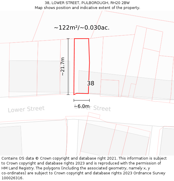 38, LOWER STREET, PULBOROUGH, RH20 2BW: Plot and title map