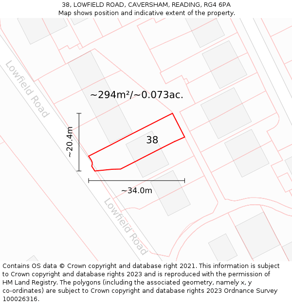 38, LOWFIELD ROAD, CAVERSHAM, READING, RG4 6PA: Plot and title map