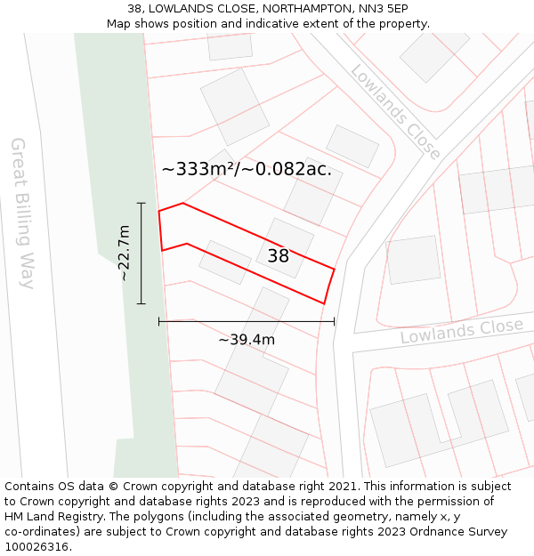 38, LOWLANDS CLOSE, NORTHAMPTON, NN3 5EP: Plot and title map