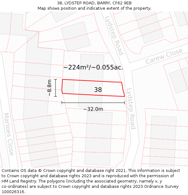 38, LYDSTEP ROAD, BARRY, CF62 9EB: Plot and title map