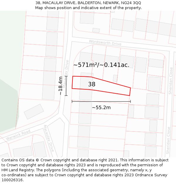 38, MACAULAY DRIVE, BALDERTON, NEWARK, NG24 3QQ: Plot and title map