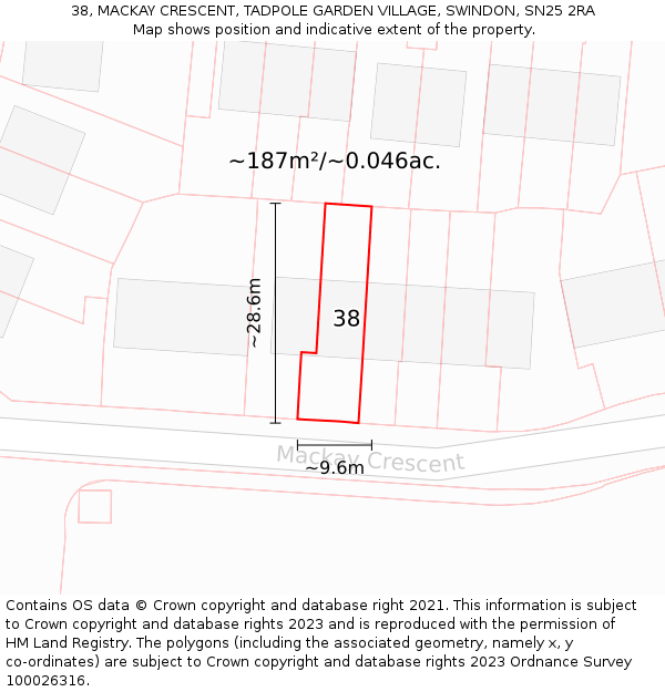 38, MACKAY CRESCENT, TADPOLE GARDEN VILLAGE, SWINDON, SN25 2RA: Plot and title map