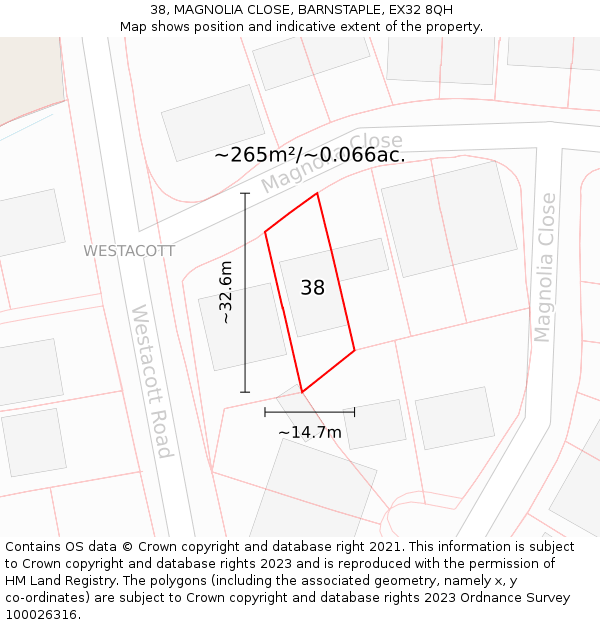 38, MAGNOLIA CLOSE, BARNSTAPLE, EX32 8QH: Plot and title map