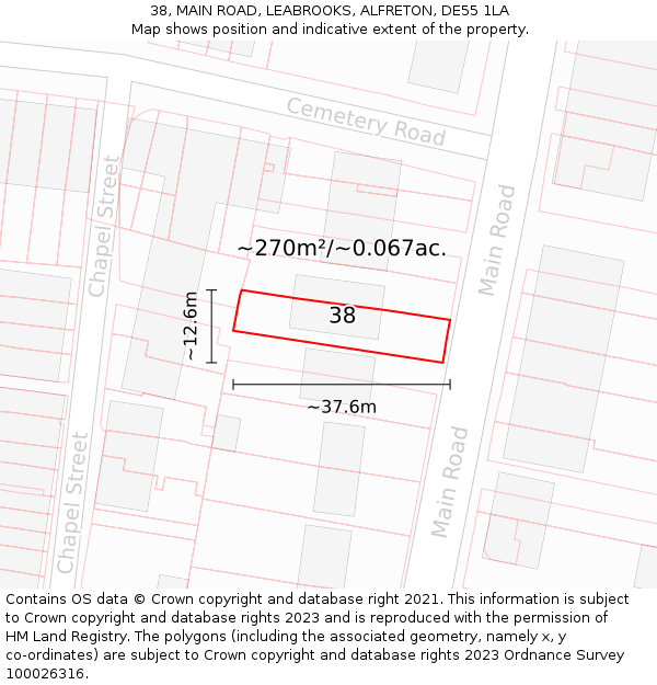 38, MAIN ROAD, LEABROOKS, ALFRETON, DE55 1LA: Plot and title map