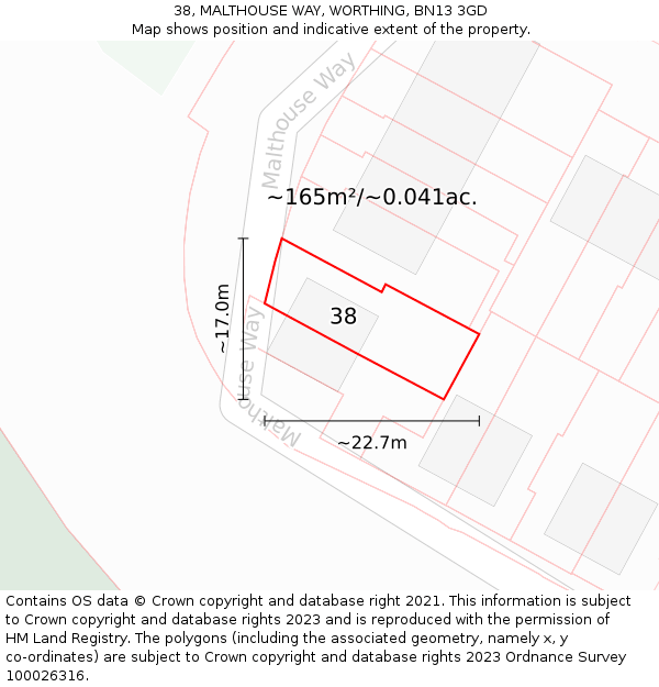 38, MALTHOUSE WAY, WORTHING, BN13 3GD: Plot and title map