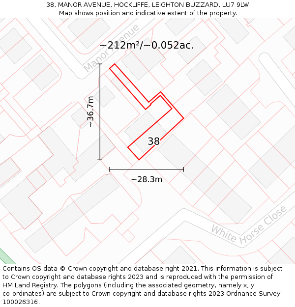 38, MANOR AVENUE, HOCKLIFFE, LEIGHTON BUZZARD, LU7 9LW: Plot and title map