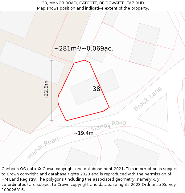38, MANOR ROAD, CATCOTT, BRIDGWATER, TA7 9HD: Plot and title map