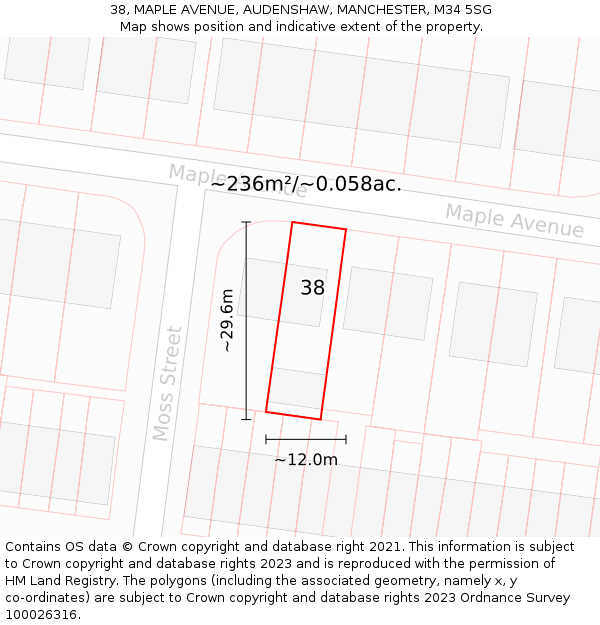 38, MAPLE AVENUE, AUDENSHAW, MANCHESTER, M34 5SG: Plot and title map