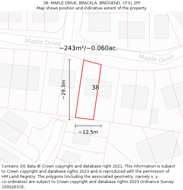 38, MAPLE DRIVE, BRACKLA, BRIDGEND, CF31 2PF: Plot and title map