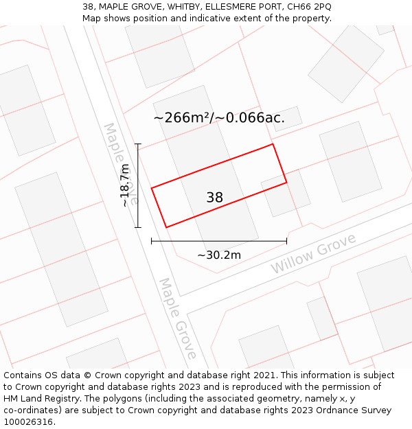 38, MAPLE GROVE, WHITBY, ELLESMERE PORT, CH66 2PQ: Plot and title map