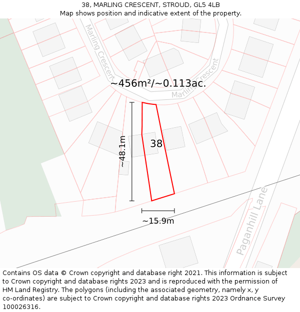 38, MARLING CRESCENT, STROUD, GL5 4LB: Plot and title map