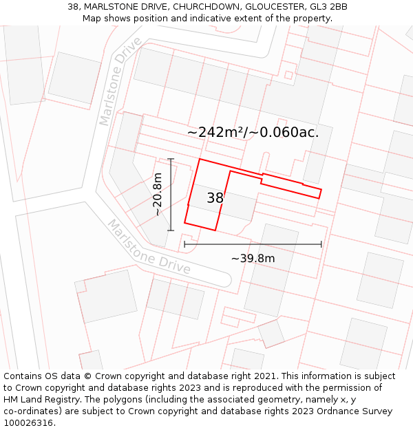 38, MARLSTONE DRIVE, CHURCHDOWN, GLOUCESTER, GL3 2BB: Plot and title map