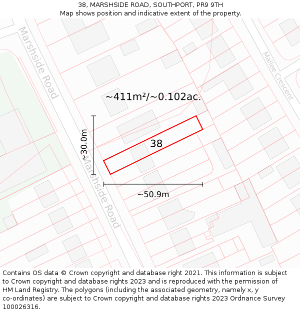 38, MARSHSIDE ROAD, SOUTHPORT, PR9 9TH: Plot and title map