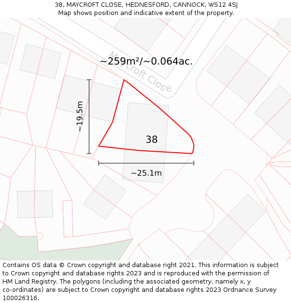 38, MAYCROFT CLOSE, HEDNESFORD, CANNOCK, WS12 4SJ: Plot and title map
