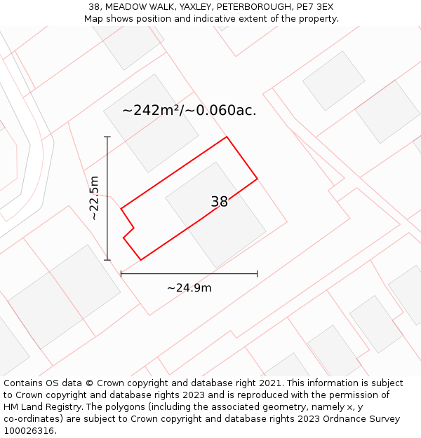 38, MEADOW WALK, YAXLEY, PETERBOROUGH, PE7 3EX: Plot and title map