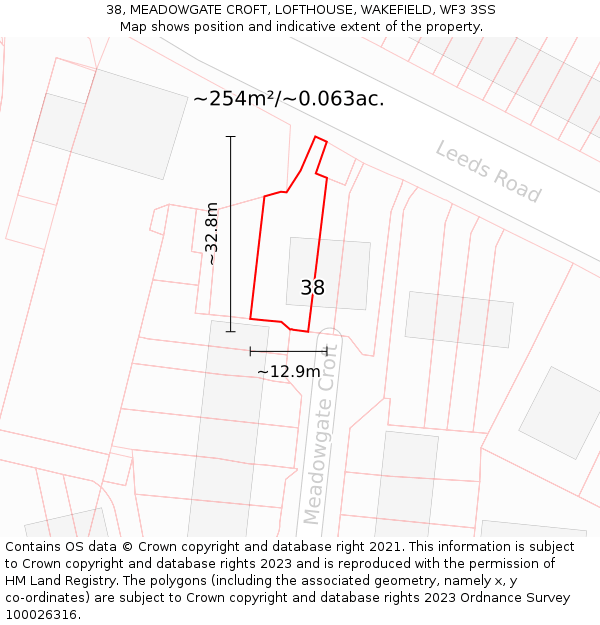 38, MEADOWGATE CROFT, LOFTHOUSE, WAKEFIELD, WF3 3SS: Plot and title map