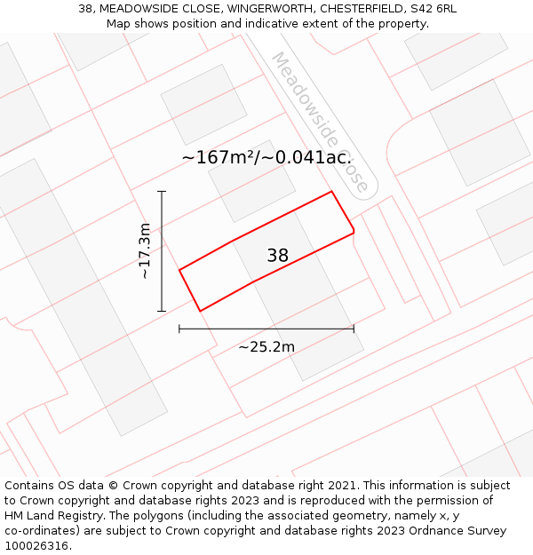 38, MEADOWSIDE CLOSE, WINGERWORTH, CHESTERFIELD, S42 6RL: Plot and title map