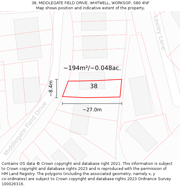 38, MIDDLEGATE FIELD DRIVE, WHITWELL, WORKSOP, S80 4NF: Plot and title map