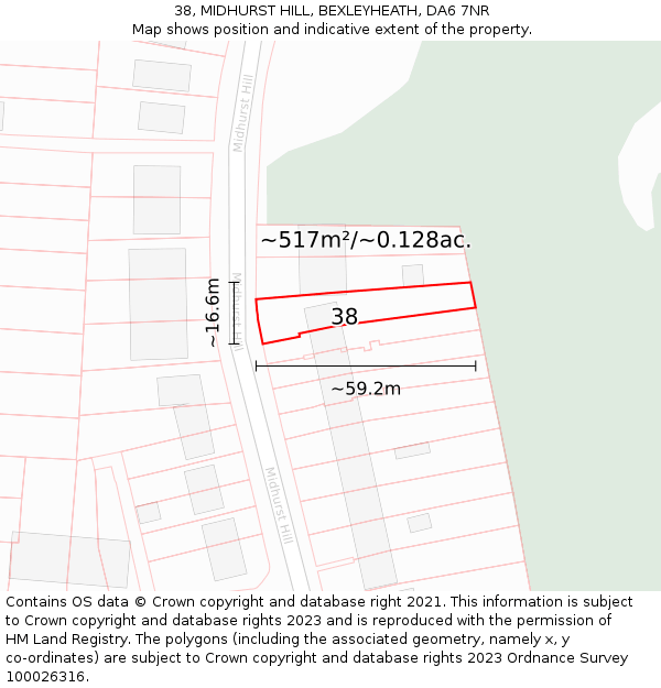 38, MIDHURST HILL, BEXLEYHEATH, DA6 7NR: Plot and title map