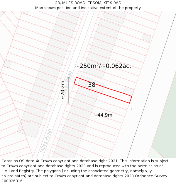 38, MILES ROAD, EPSOM, KT19 9AD: Plot and title map
