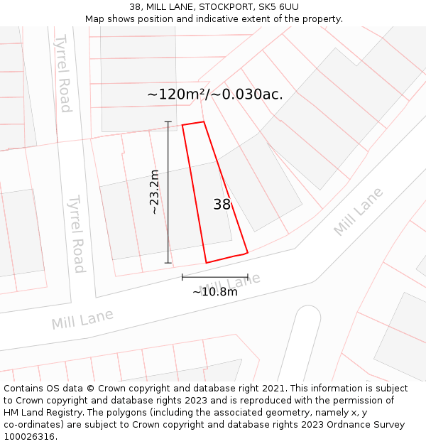38, MILL LANE, STOCKPORT, SK5 6UU: Plot and title map