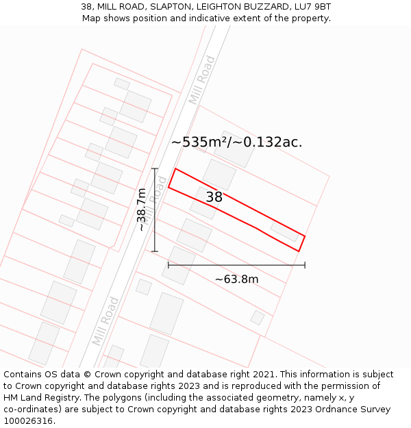 38, MILL ROAD, SLAPTON, LEIGHTON BUZZARD, LU7 9BT: Plot and title map