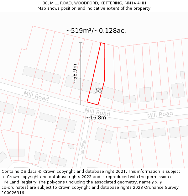 38, MILL ROAD, WOODFORD, KETTERING, NN14 4HH: Plot and title map