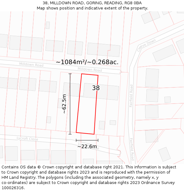 38, MILLDOWN ROAD, GORING, READING, RG8 0BA: Plot and title map