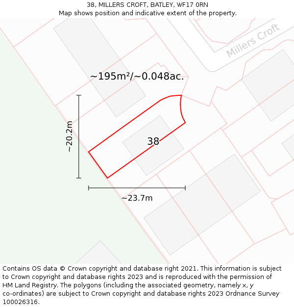 38, MILLERS CROFT, BATLEY, WF17 0RN: Plot and title map