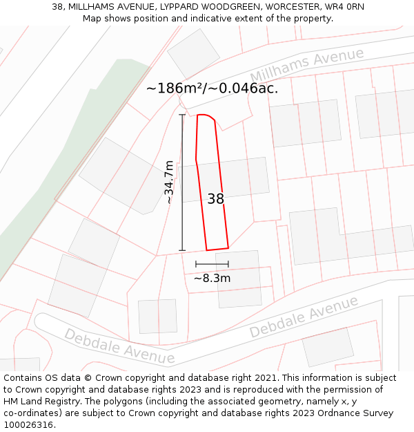 38, MILLHAMS AVENUE, LYPPARD WOODGREEN, WORCESTER, WR4 0RN: Plot and title map