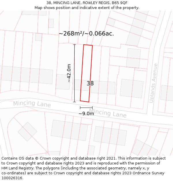38, MINCING LANE, ROWLEY REGIS, B65 9QF: Plot and title map