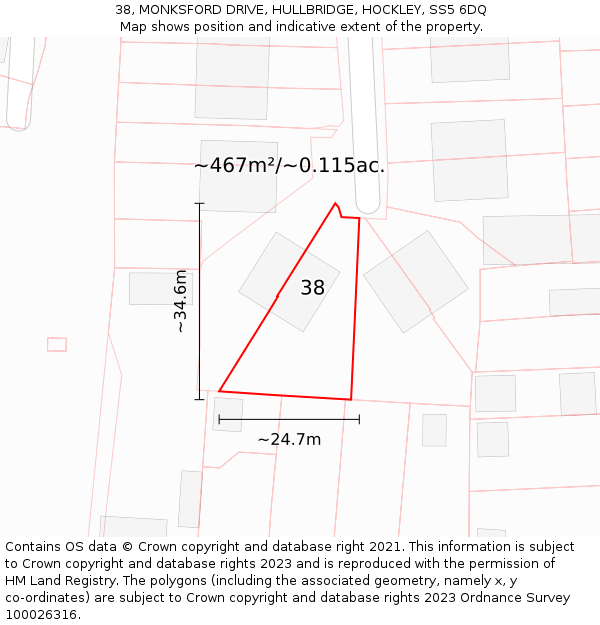38, MONKSFORD DRIVE, HULLBRIDGE, HOCKLEY, SS5 6DQ: Plot and title map