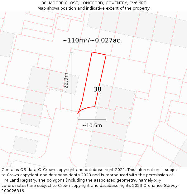 38, MOORE CLOSE, LONGFORD, COVENTRY, CV6 6PT: Plot and title map