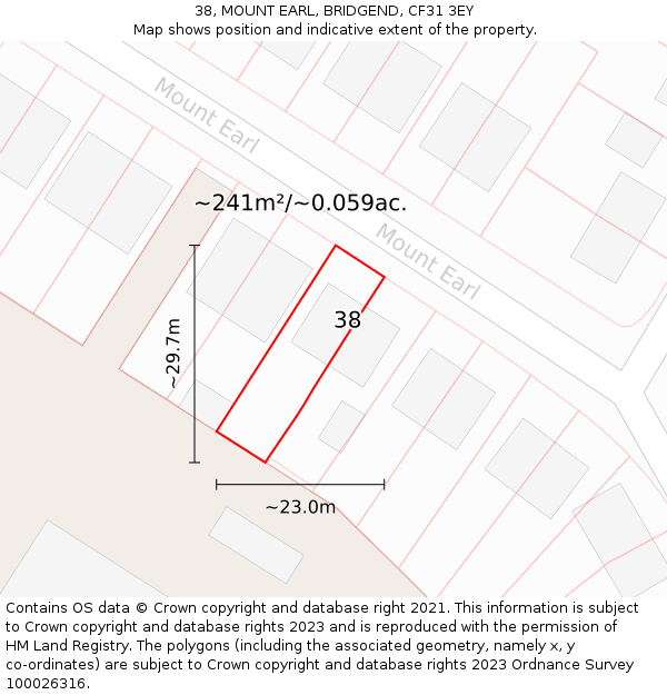 38, MOUNT EARL, BRIDGEND, CF31 3EY: Plot and title map