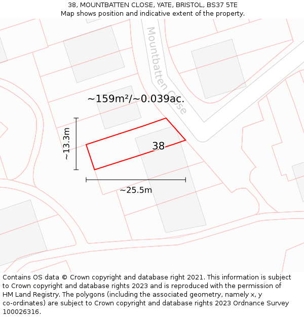 38, MOUNTBATTEN CLOSE, YATE, BRISTOL, BS37 5TE: Plot and title map