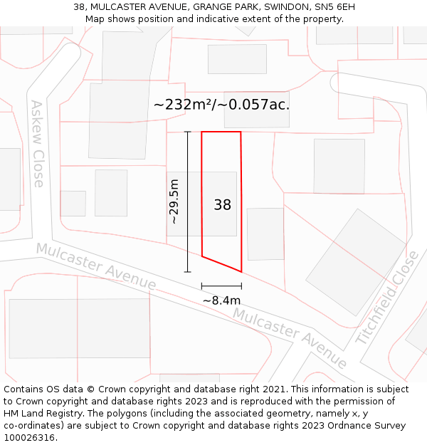 38, MULCASTER AVENUE, GRANGE PARK, SWINDON, SN5 6EH: Plot and title map