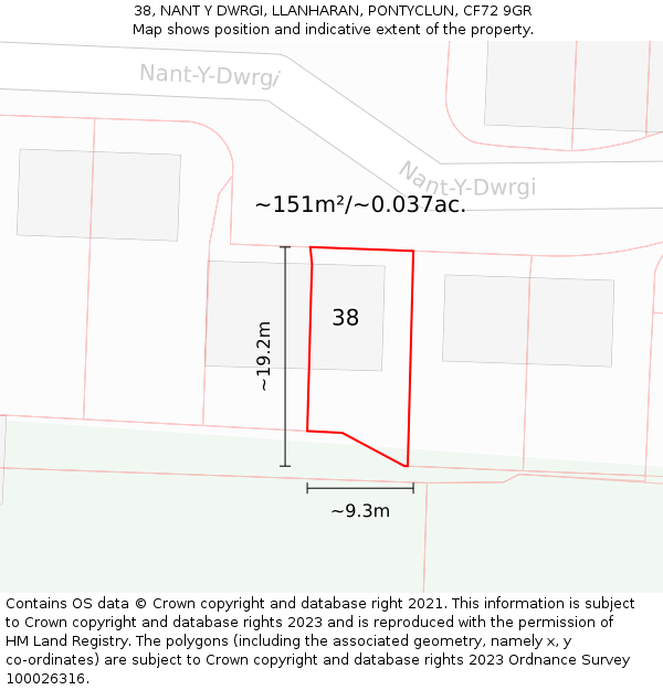 38, NANT Y DWRGI, LLANHARAN, PONTYCLUN, CF72 9GR: Plot and title map