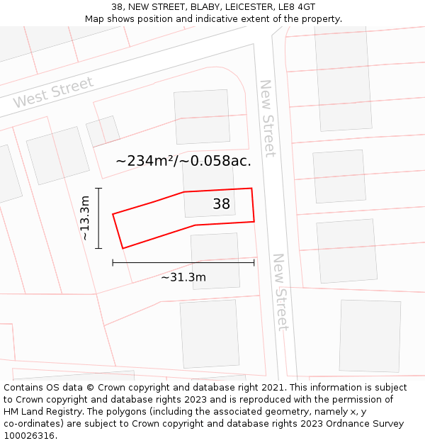 38, NEW STREET, BLABY, LEICESTER, LE8 4GT: Plot and title map