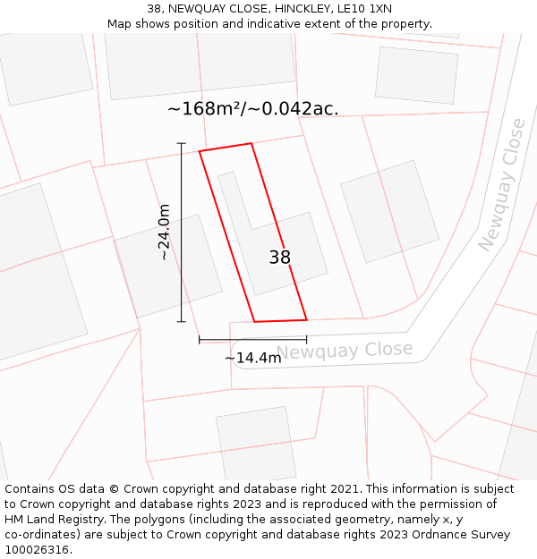 38, NEWQUAY CLOSE, HINCKLEY, LE10 1XN: Plot and title map
