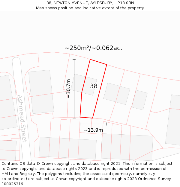 38, NEWTON AVENUE, AYLESBURY, HP18 0BN: Plot and title map