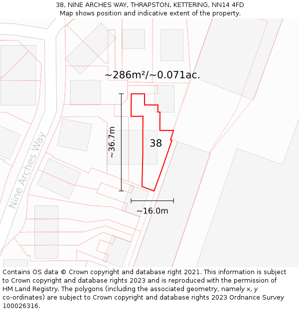 38, NINE ARCHES WAY, THRAPSTON, KETTERING, NN14 4FD: Plot and title map